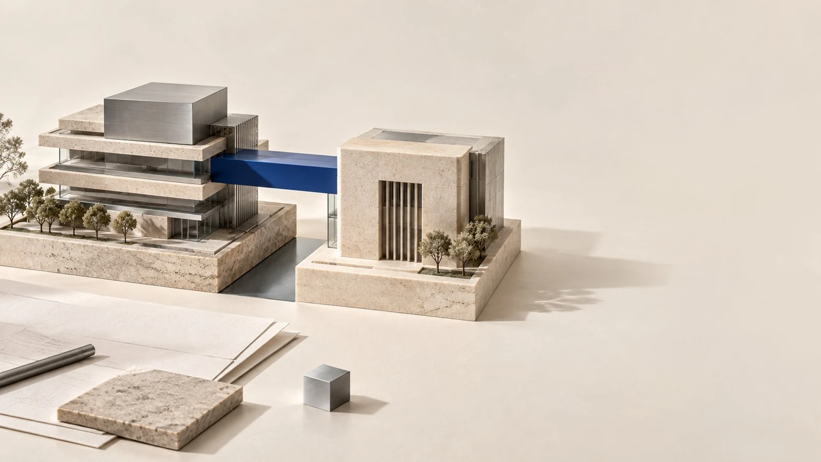 Corporate infrastructure model in stone with blue transaction connections.