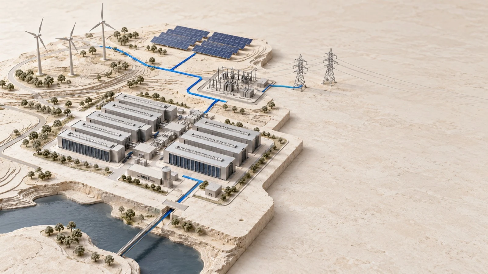 Stone architectural model of a data centre connected by blue infrastructure routes.