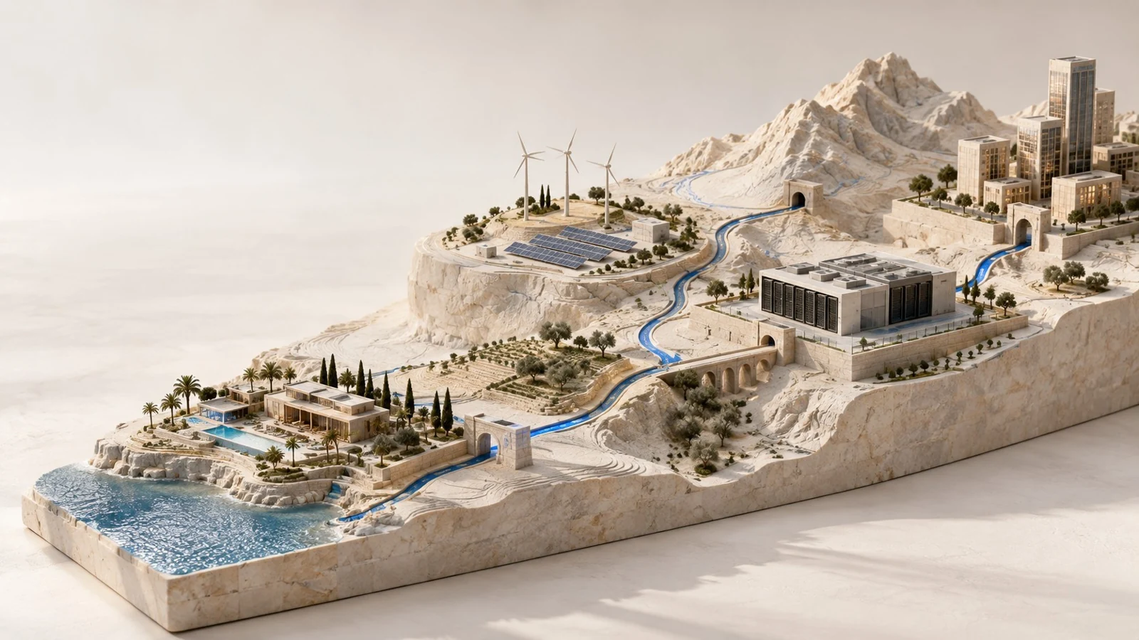 Carved stone terrain linking renewable energy, digital infrastructure and hospitality along a blue route.