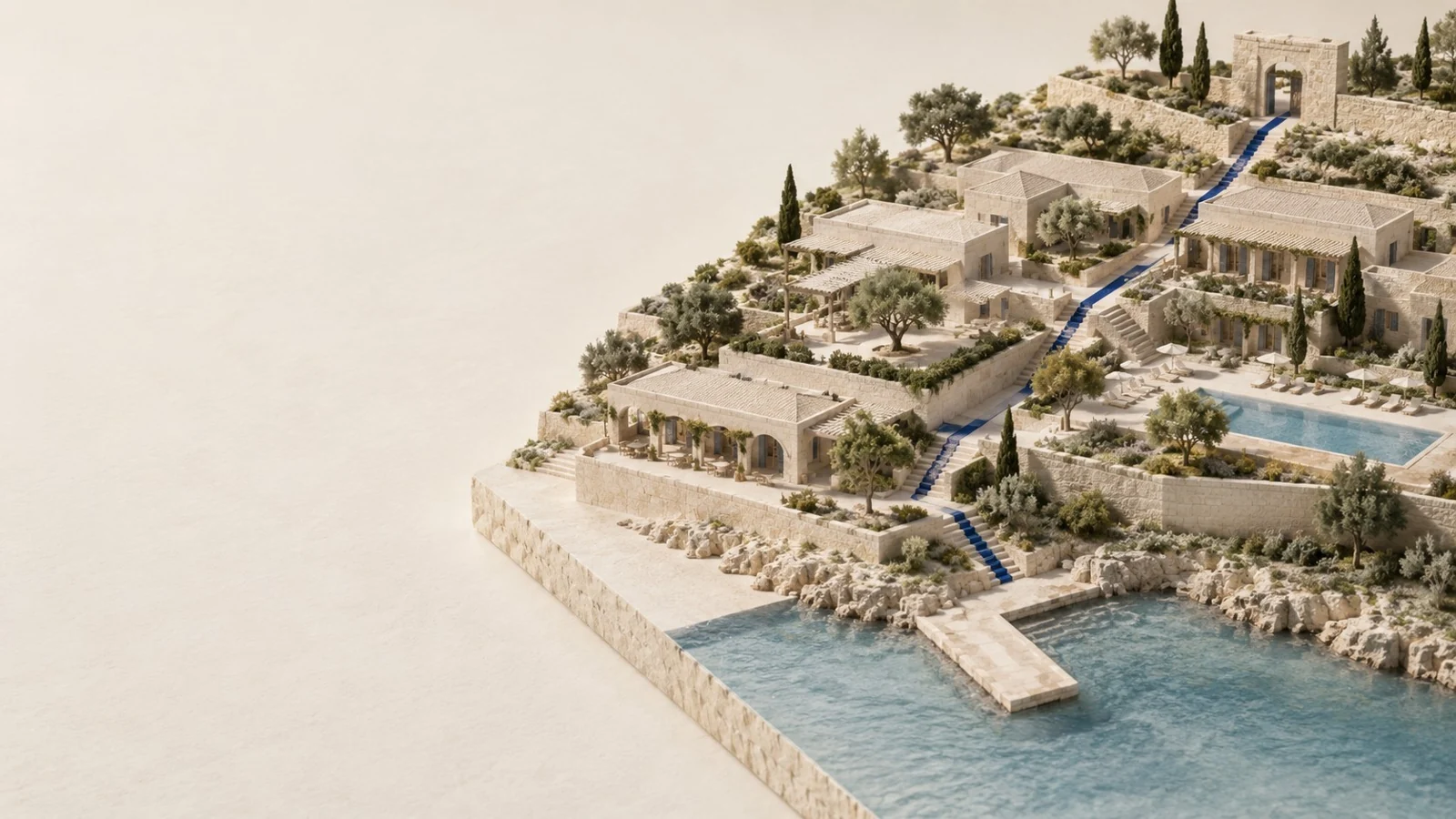 Carved stone hospitality and resort model with a blue route.