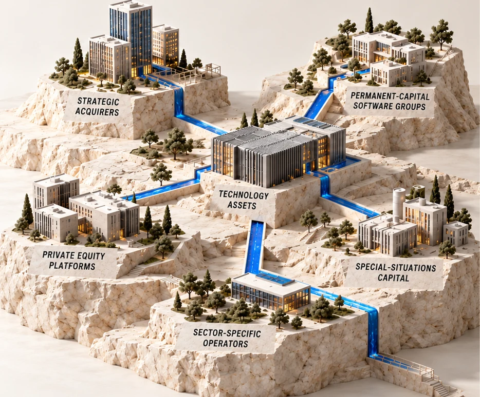 Technology assets connected to strategic acquirers, software groups, private equity platforms, special-situations capital and sector operators.