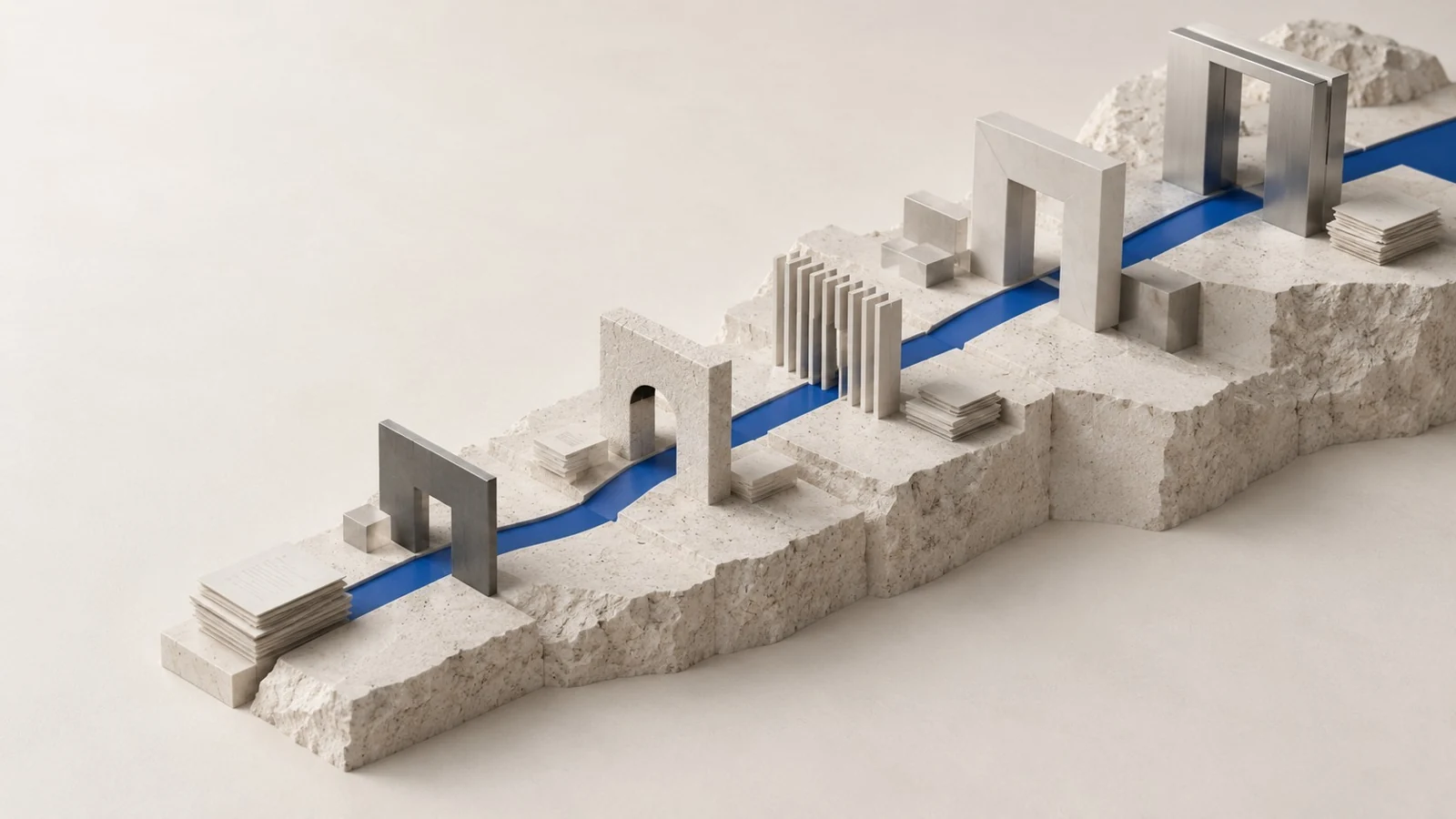 Five stone gateways along a continuous vivid blue route.